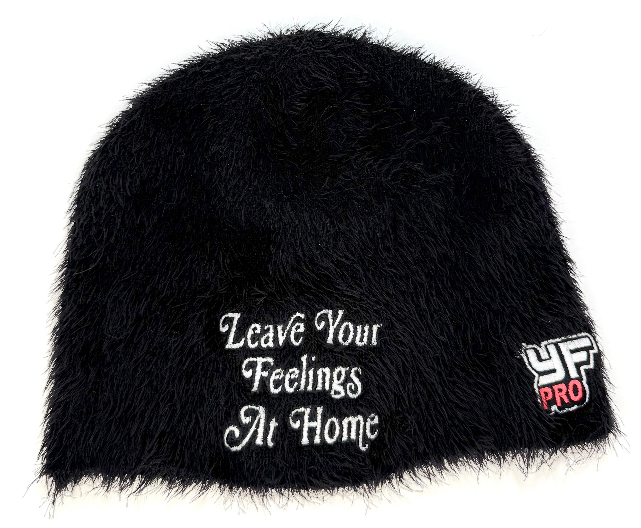 LEAVE YOUR FEELINGS AT HOME FURRY MOHAIR BEANIE — BLACK