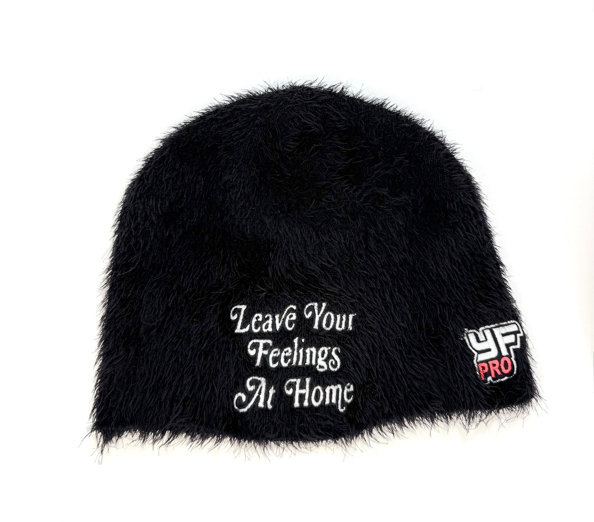 LEAVE YOUR FEELINGS AT HOME FURRY MOHAIR BEANIE — BLACK