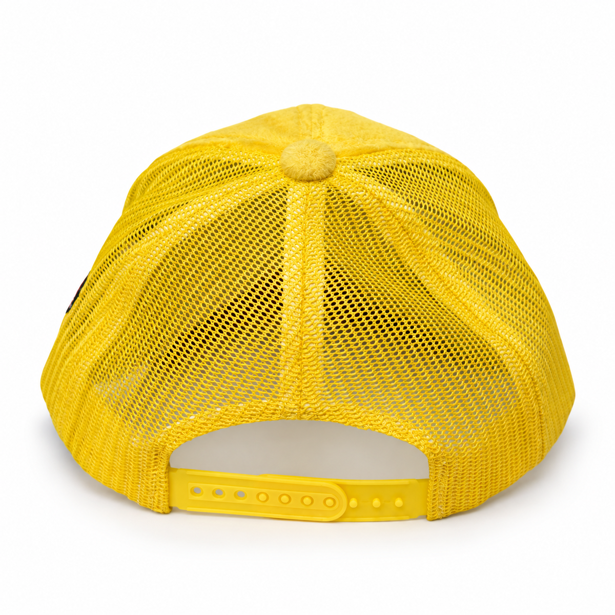 Rear view of yellow LYFAH trucker hat showing yellow mesh panels and adjustable snapback closure.